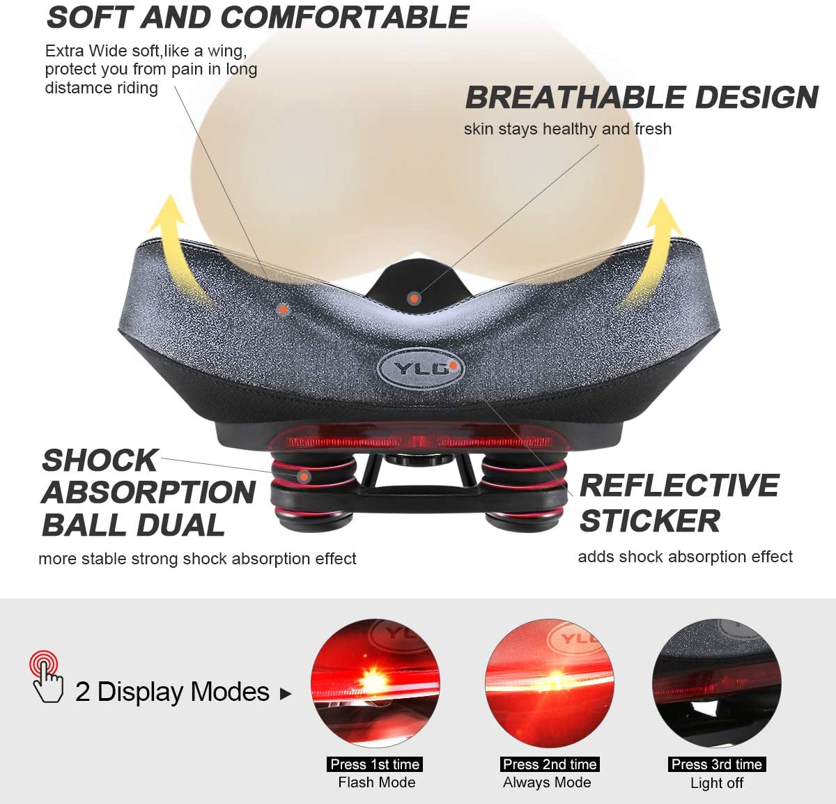 YS 5, YLG Wide Comfort Bike Saddle with Taillight-2