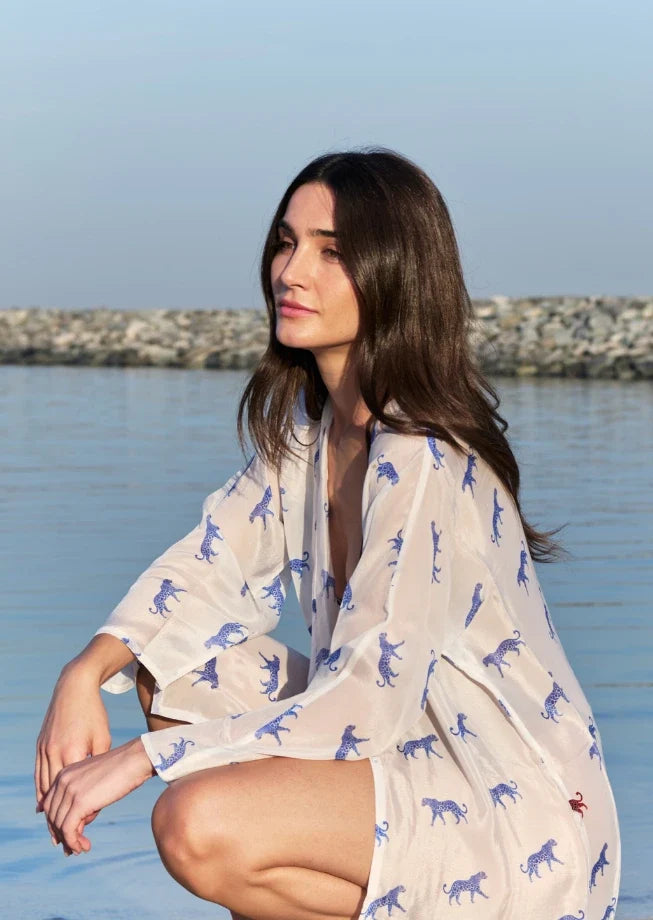 Leopard Luxe Printed Short Kimono - Blue & White Beach Cover Up-0
