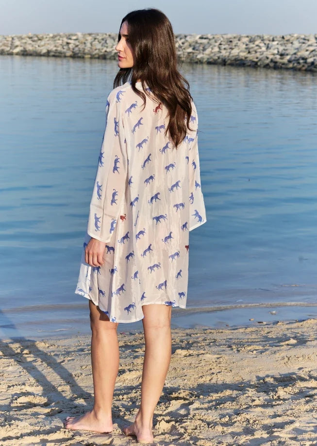 Leopard Luxe Printed Short Kimono - Blue & White Beach Cover Up-2