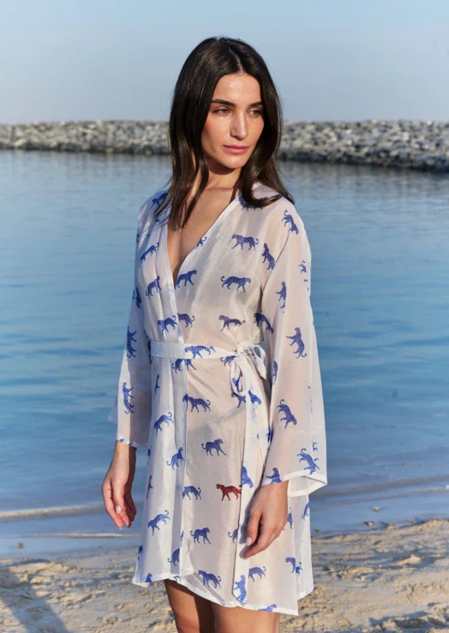 Leopard Luxe Printed Short Kimono - Blue & White Beach Cover Up-3