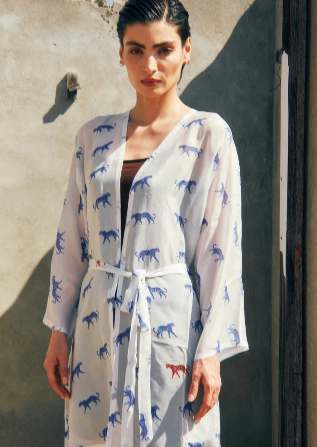 Leopard Luxe Printed Short Kimono - Blue & White Beach Cover Up-4