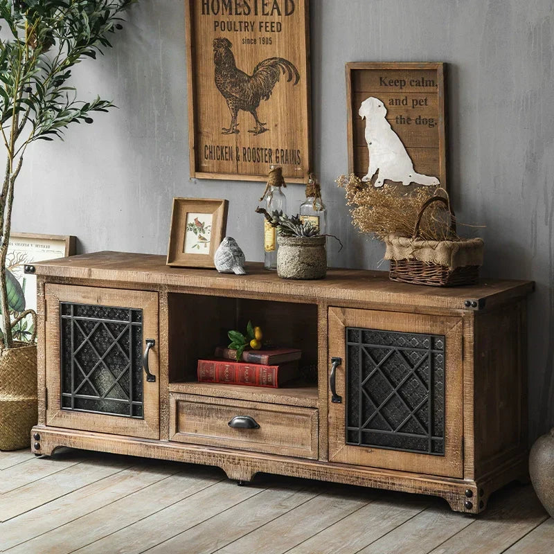 Retro Solid Wood TV Cabinet with Storage
